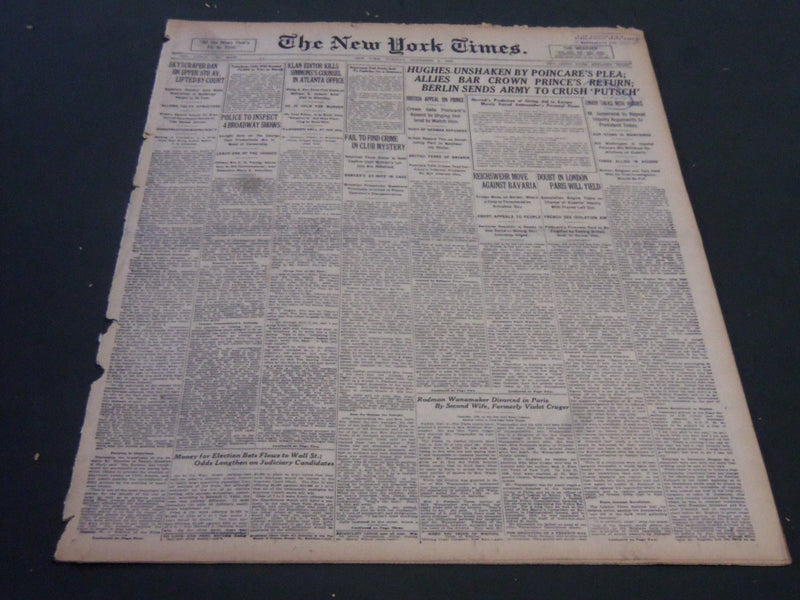 1923 NOVEMBER 6 NEW YORK TIMES - KLAN EDITOR KILLS SIMMON'S COUNSEL - NT 5868