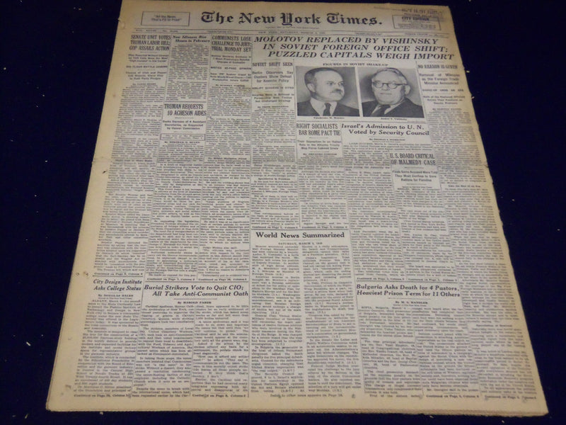 1949 MARCH 5 NEW YORK TIMES - MOLOTOV REPLACED BY VISHINSKY - NT 3217