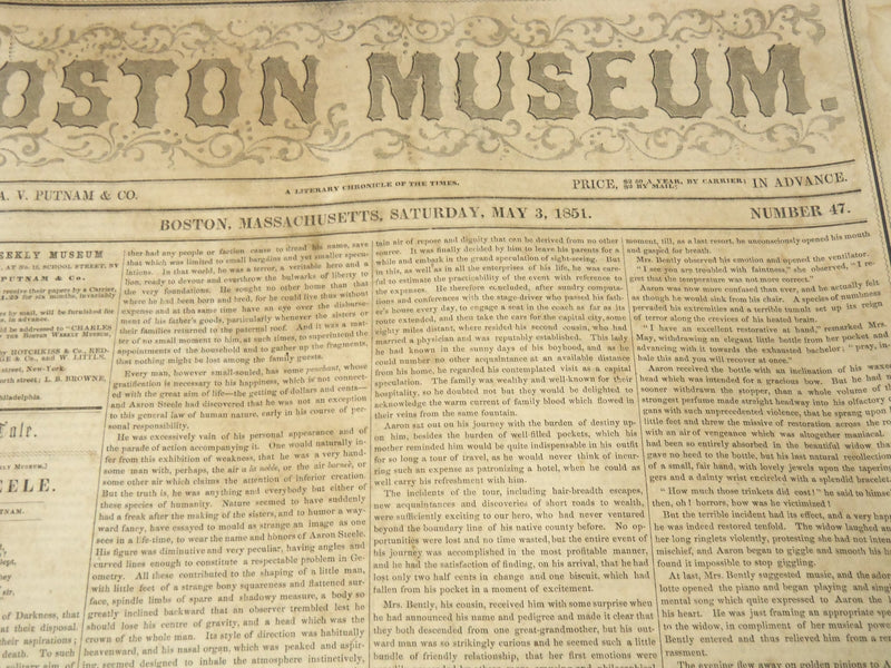 1851 MAY 3 THE BOSTON MUSEUM NEWSPAPER - AARON STEELE - SPANISH FLY - NP 9025