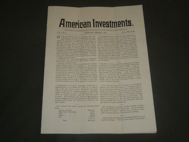 1900 MARCH AMERICAN INVESTMENTS NEWSPAPER VOLUME 1 NO. 3 - BUFFALO - NP 4249