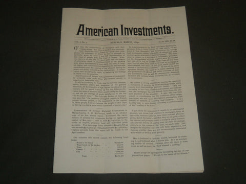 1900 MARCH AMERICAN INVESTMENTS NEWSPAPER VOLUME 1 NO. 3 - BUFFALO - NP 4249