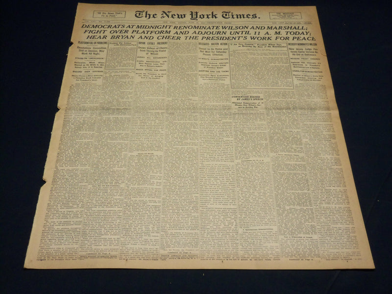 1916 JUNE 16 NEW YORK TIMES - DEMOCRATS RENOMINATE WILSON & MARSHALL - NT 8615