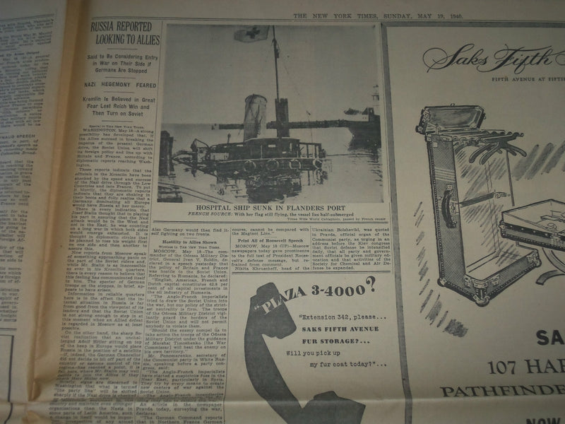 1940 MAY 19 NEW YORK TIMES - FRENCH CHECK DRIVE - GERMANS SWING WEST - NP 3610
