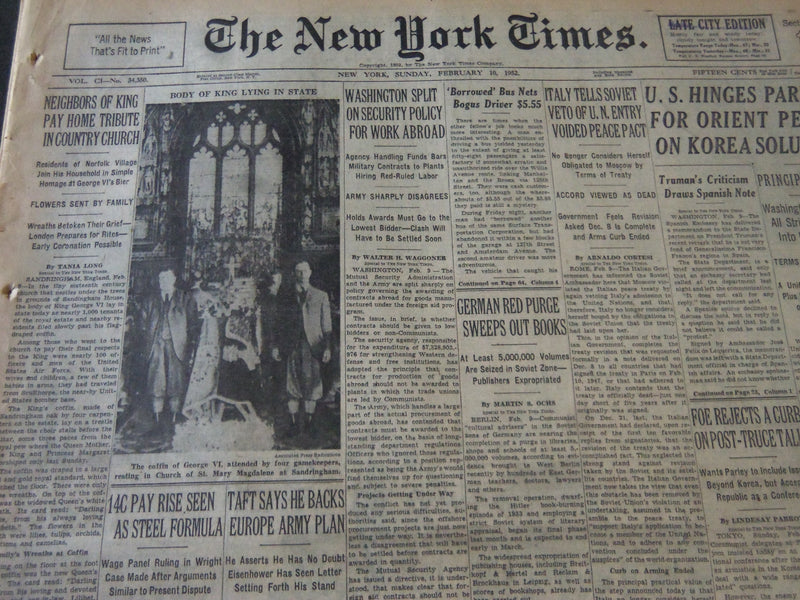 1952 FEBRUARY 10 NEW YORK TIMES - BODY OF KING GEORGE LIES IN STATE - NT 6116