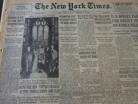 1952 FEBRUARY 10 NEW YORK TIMES - BODY OF KING GEORGE LIES IN STATE - NT 6116
