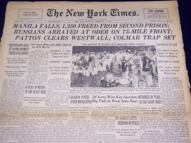 1945 FEB 6 NEW YORK TIMES - MANILA FALLS, 1350 FREED FROM SECOND PRISON - NT 524