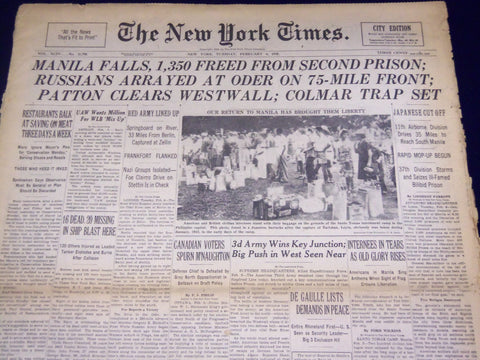 1945 FEB 6 NEW YORK TIMES - MANILA FALLS, 1350 FREED FROM SECOND PRISON - NT 524