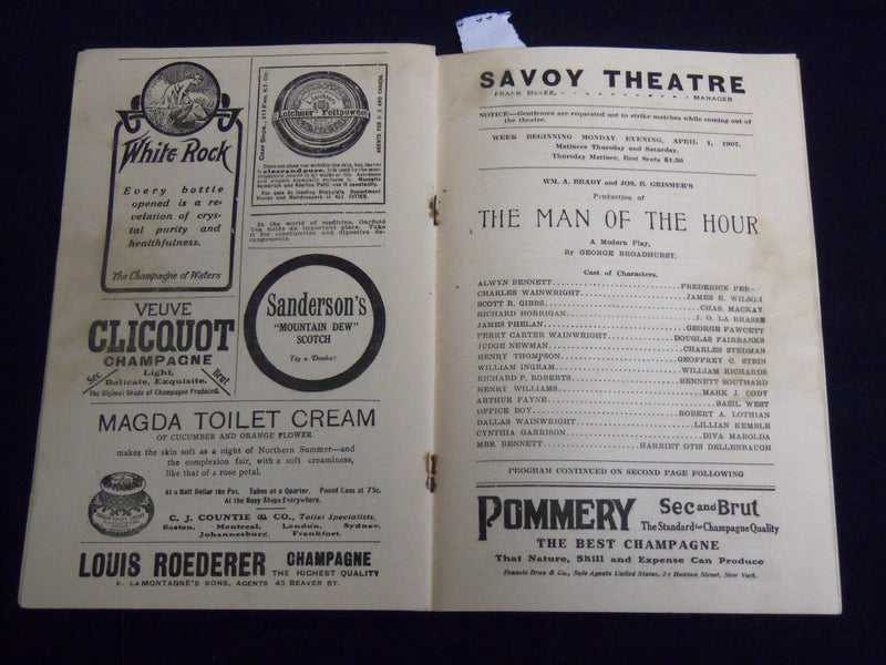1907 THE MAN OF THE HOUR THEATRE PROGRAM - FAIRBANKS - SAVOY THEATRE - J 9015