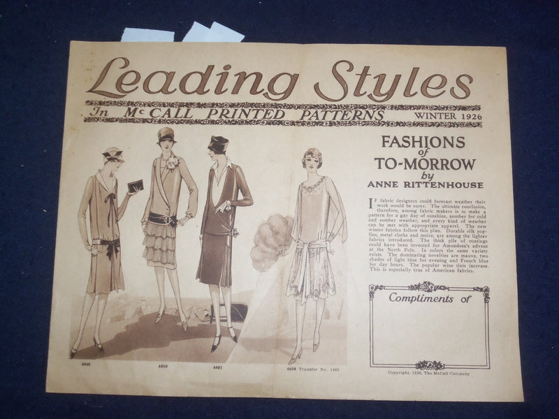 1926 WINTER LEADING STYLES IN MCCALL PRINTED PATTERNS BROCHURE - J 9774