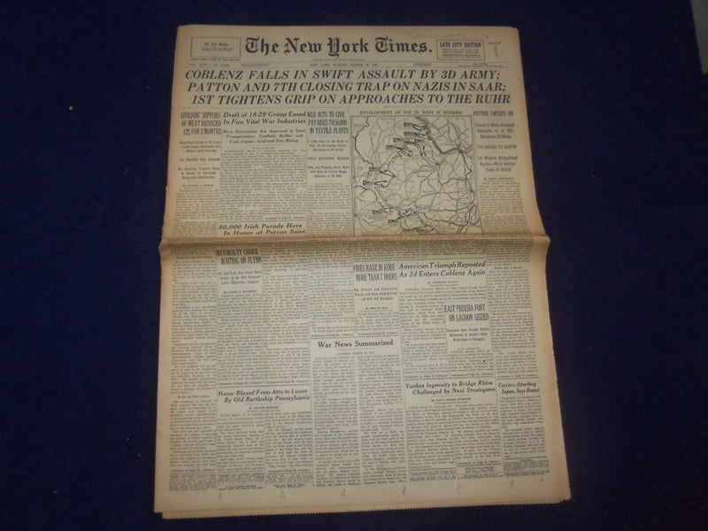 1945 MARCH 18 NEW YORK TIMES -COBLENZ FALLS IN SWIFT ASSAULT BY 3D ARMY- NP 6669