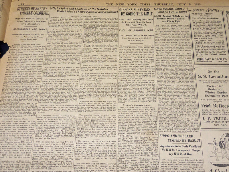 1923 JULY 5 NEW YORK TIMES NEWSPAPER-DEMPSEY WINS AFTER FULL 15 ROUNDS - NT 7738