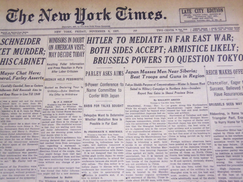 1937 NOVEMBER 5 NEW YORK TIMES - HITLER TO MEDIATE IN FAR EAST WAR - NT 724