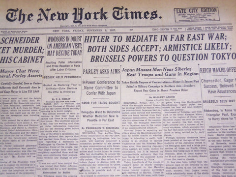 1937 NOVEMBER 5 NEW YORK TIMES - HITLER TO MEDIATE IN FAR EAST WAR - NT 724