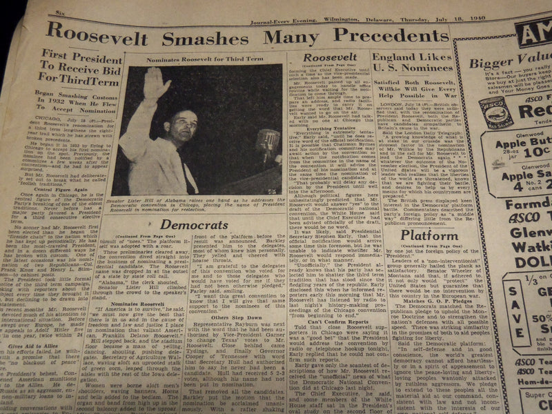 1940 JULY 18 JOURNAL EVERY EVENING NEWSPAPER - ROOSEVELT NOMINATED - NT 9446