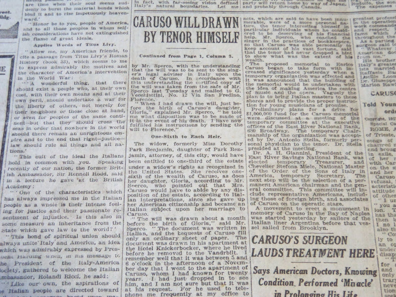 1921 AUG 5 NEW YORK TIMES - CARUSO'S WIDOW WANTS ESTATE GO TO GLORIA - NT 6484
