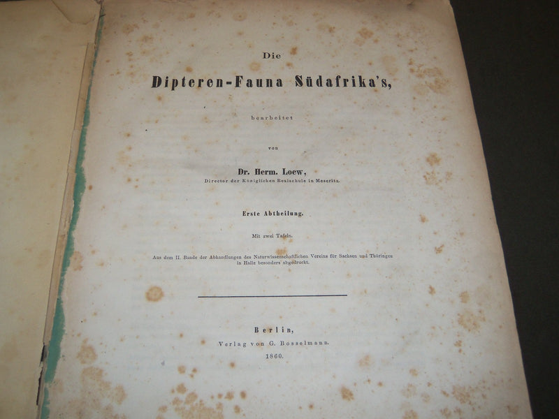 1860 DIE DIPTERN-FAUNA SUDAFRIKA'S BY DR. HERM LOEW ERSTE ABTHEILUNG - KD 2344