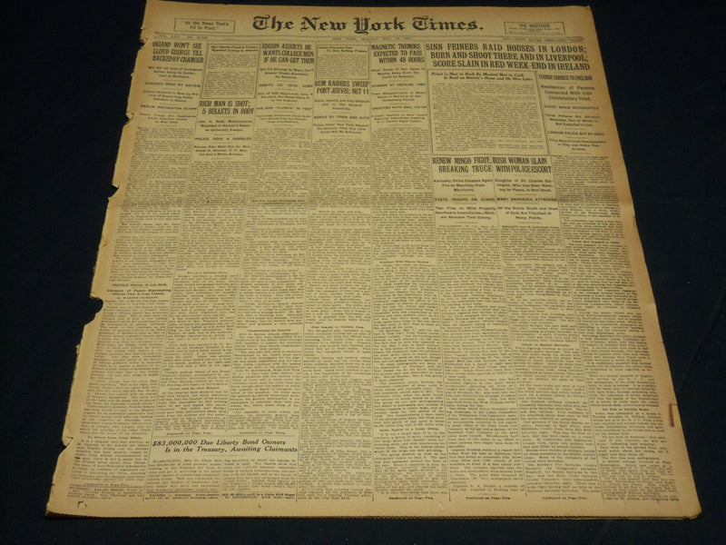 1921 MAY 16 NEW YORK TIMES NEWSPAPER - EDISON WANTS COLLEGE MEN - NT 7850
