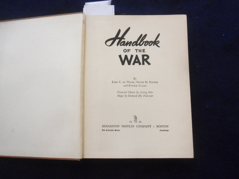 1939 HANDBOOK OF THE WAR HARDCOVER BOOK BY JONH DE WILDE & D. POPPER - KD 8254