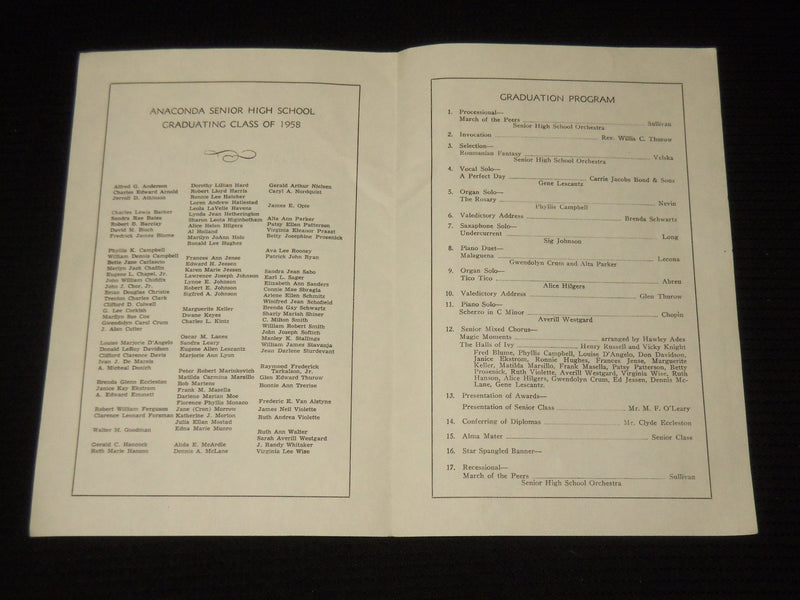 1958 MAY 27 ANACONDA HIGH SCHOOL COMMENCEMENT PROGRAM - WASHOE THEATER - K 637