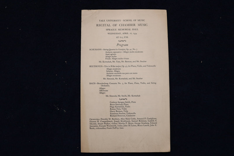 1934 YALE UNIVERSITY SCHOOL OF MUSIC RECITAL PROGRAMS - LOT OF 2 - K 1501