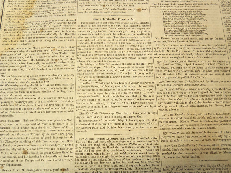 1850 OCTOBER 19 BOSTON MUSEUM NEWSPAPER - JENNY LIND - HOLMES - NP 9049