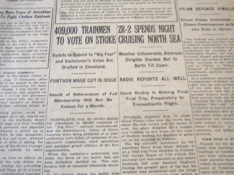 1921 AUGUST 24 NEW YORK TIMES - ZR-2 SPENDS NIGHT CRUISING NORTH SEA - NT 6137