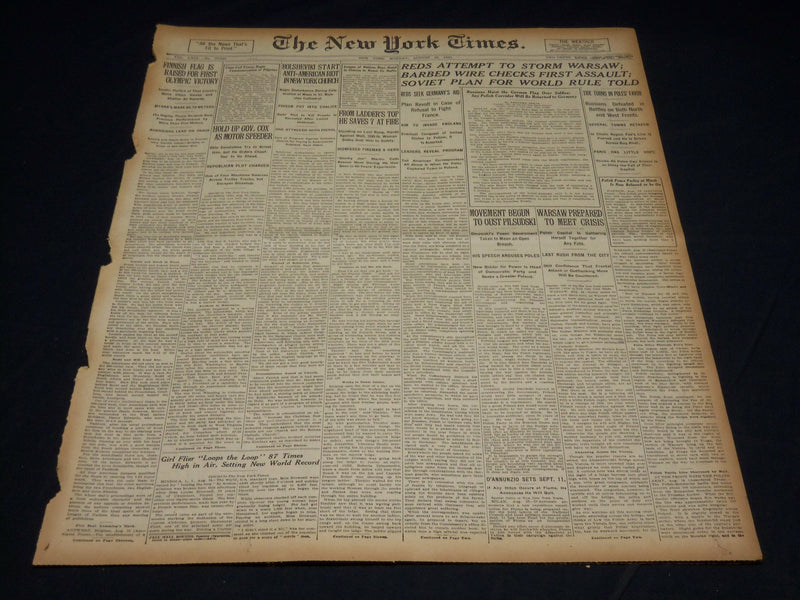 1920 AUG 16 NEW YORK TIMES - FINNISH FLAG IS RAISED FIRST OLYMPIC WIN - NT 8568