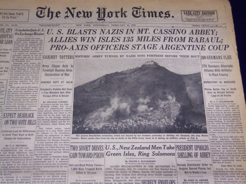 1944 FEBRUARY 16 NEW YORK TIMES - MT. CASSINO ABBEY BLASTED - NT 3702