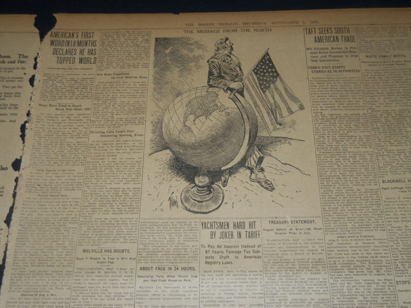 1909 SEPTEMBER 2 THE BOSTON HERALD - COOK REPORTS HE HAS REACHED POLE - BH 209