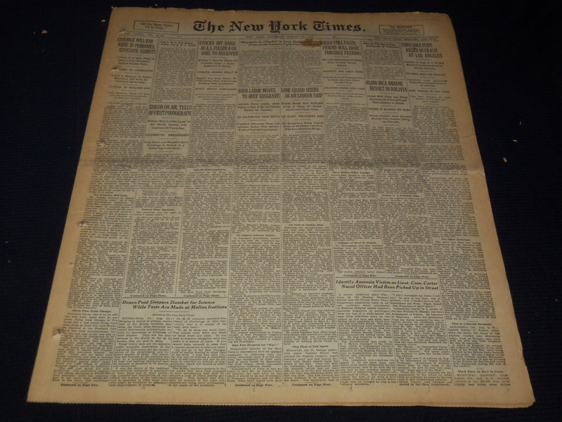 1927 AUGUST 13 NEW YORK TIMES - SACCO STILL FASTS EDISON ON AIR - NT 9566