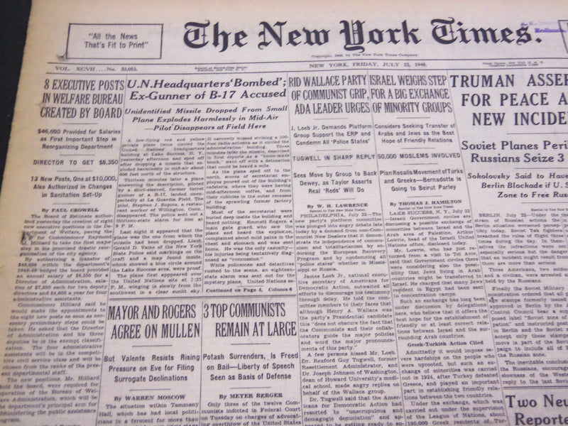 1948 JULY 23 NEW YORK TIMES - U. N. HEADQUARTERS 'BOMBED' - NT 4414