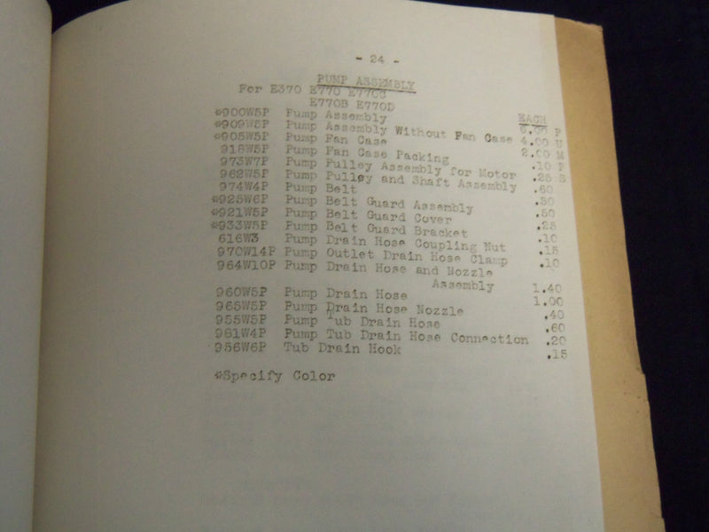 1938 UNIVERSAL ELECTRIC WASHERS PARTS PRICE LIST - CONNECTICUT - J 9011