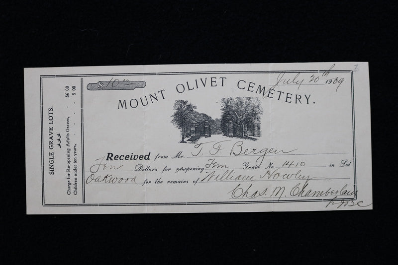 1909 JULY 20 MOUNT OLIVET CEMETERY GRAVE RECEIPT - K 2767