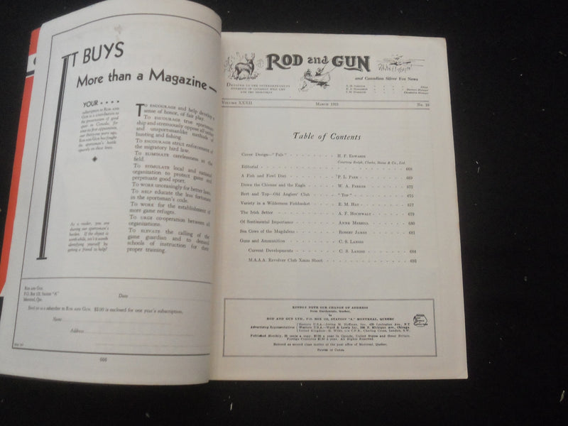 1931 MARCH ROD AND GUN MAGAZINE - NICE COVER, ARTICLES & PHOTOS - SP 6377O