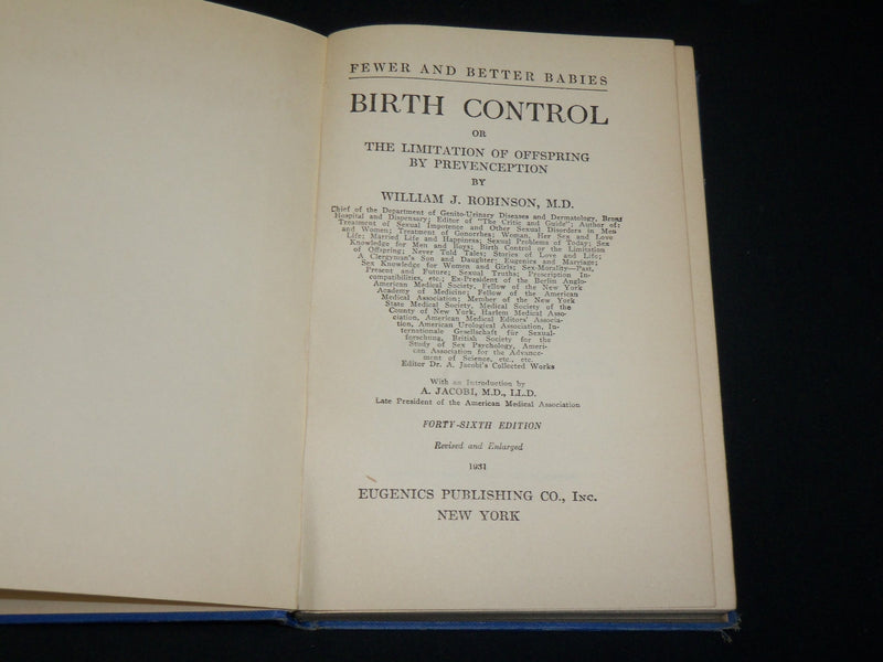 1931 BIRTH CONTROL OR THE LIMITATION OF OFFSPRING BOOK BY ROBINSON - KD 6450