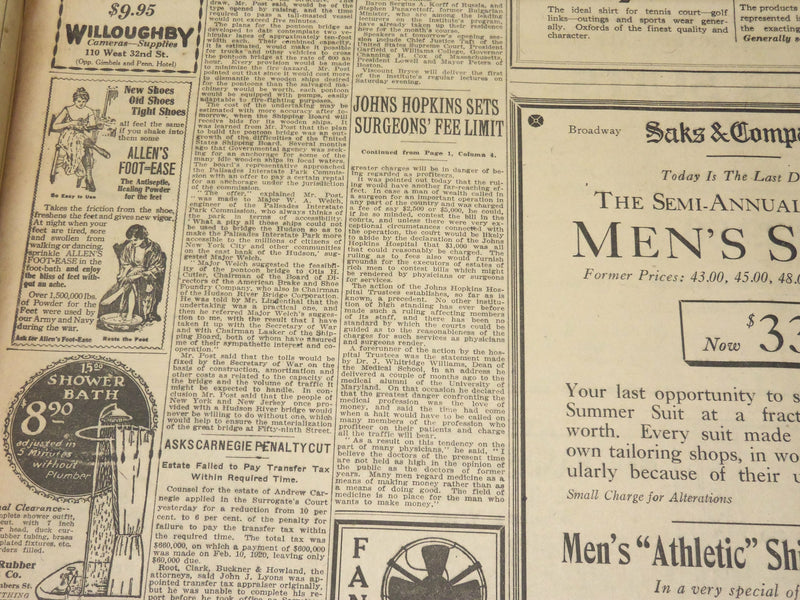 1921 JULY 29 NEW YORK TIMES - JOHNS HOPKINS SETS SURGEONS FEE LIMIT - NT 8707