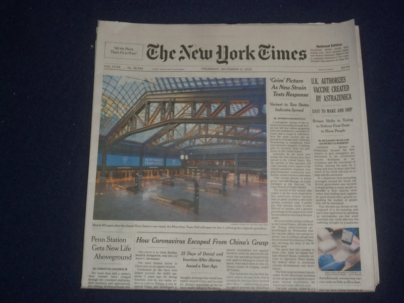 2020 DECEMBER 31 NEW YORK TIMES - U.K. AUTHORIZES VACCINE CREATED BY ASTRAZENECA