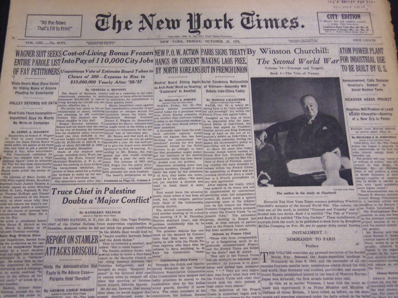 1953 OCTOBER 23 NEW YORK TIMES - THE SECOND WORLD WAR - CHURCHILL - NT 4605