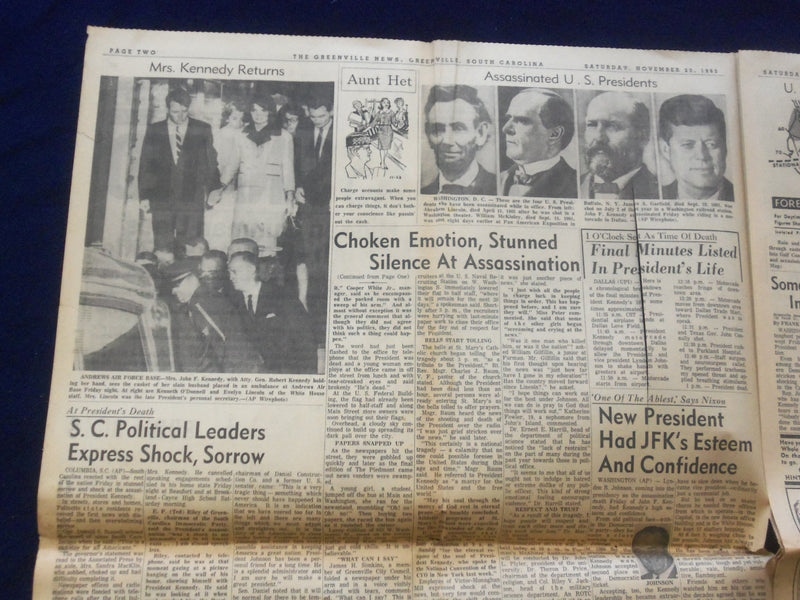 1963 NOV 22 THE GREENVILLE NEWS NEWSPAPER - JFK IS ASSASSINATED - NP 6444