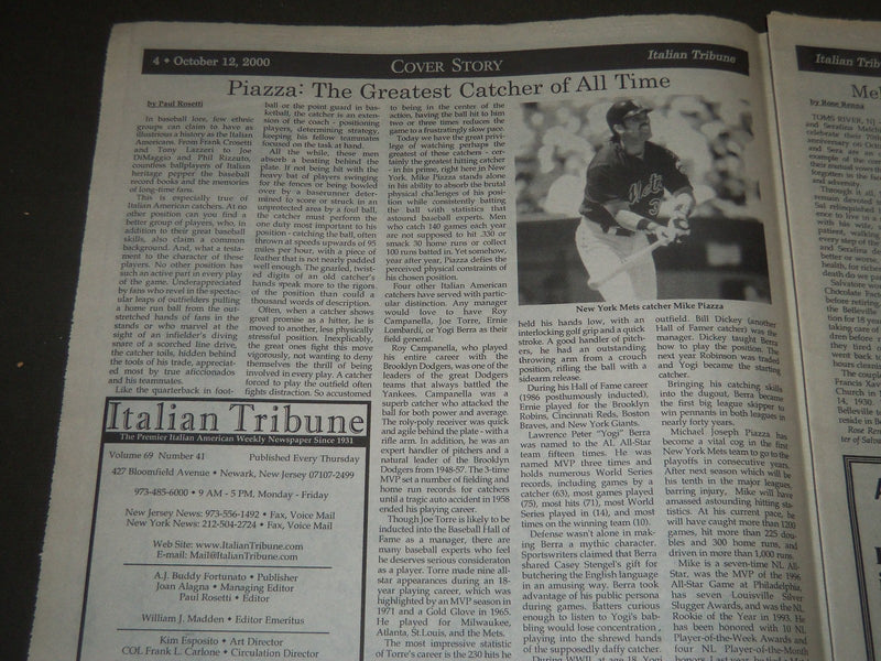2000 OCTOBER 12 ITALIAN TRIBUNE NEWSPAPER - MIKE PIAZZA - BERRA - NP 2562