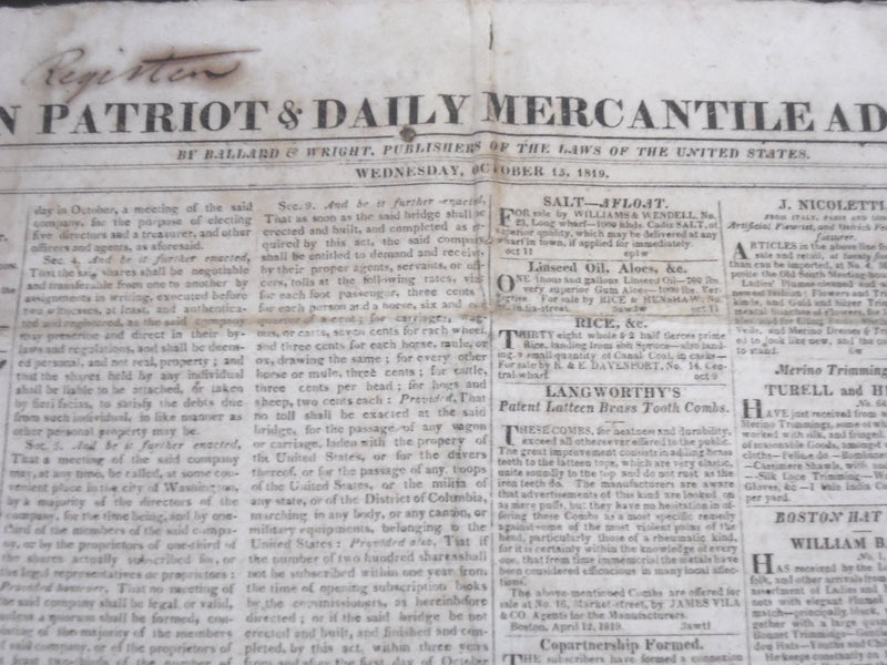1819 & 1824 BOSTON PATRIOT NEWSPAPER LOT OF 2 - BALLARD & WRIGHT - NP 2740