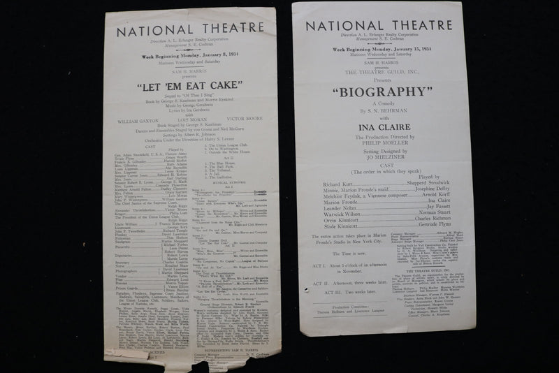 1934 NATIONAL THEATRE PROGRAMS - LOT OF 14 - K 2831