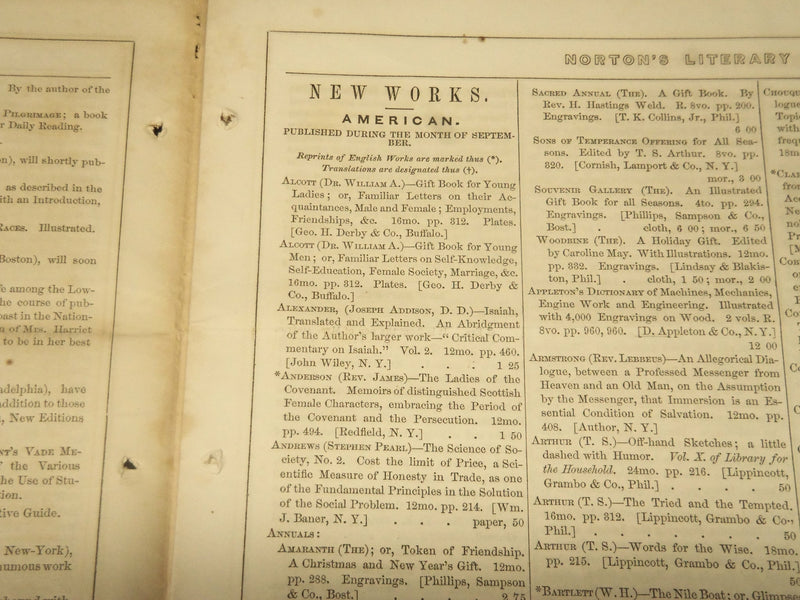 1851 OCTOBER 15 NORTON'S LITERARY ADVERTISER NEWSPAPER -VOLUME 1 NO. 6 - NP 4383