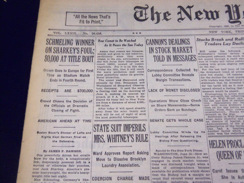 1930 JUNE 13 NEW YORK TIMES - SCHMELING WINNER ON SHARKEY'S FOUL - NT 1563