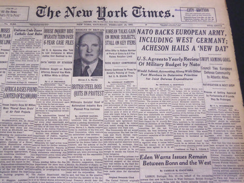 1952 FEB 23 NEW YORK TIMES - NATO BACKS EUROPEAN ARMY & WEST GERMANY - NT 4535