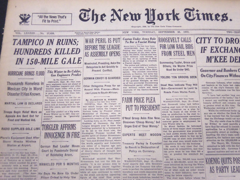 1933 SEPTEMBER 26 NEW YORK TIMES - TAMPICO IN RUINS HUNDRED KILLED - NT 5178