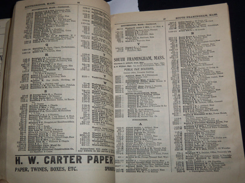 1909 NEW ENGLAND TELEPHONE & TELEGRAPH CO. WEST CENTRAL PHONE BOOK - J 8817