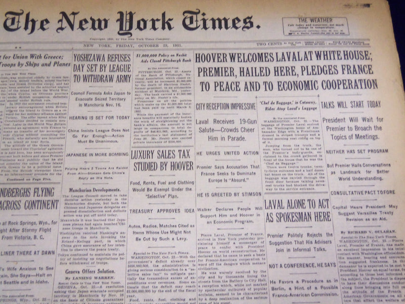 1931 OCTOBER 23 NEW YORK TIMES - HOOVER WELCOMES LAVAL - NT 4147