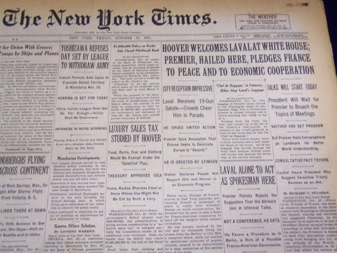 1931 OCTOBER 23 NEW YORK TIMES - HOOVER WELCOMES LAVAL - NT 4147