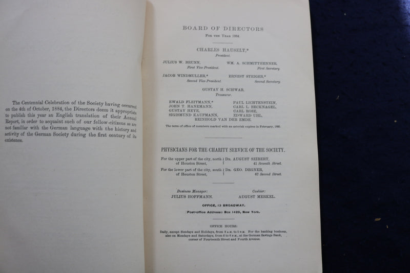 1885 JANUARY THE GERMAN SOCIETY OF NEW YORK - ANNUAL REPORT - SOFTCOVER - K 995